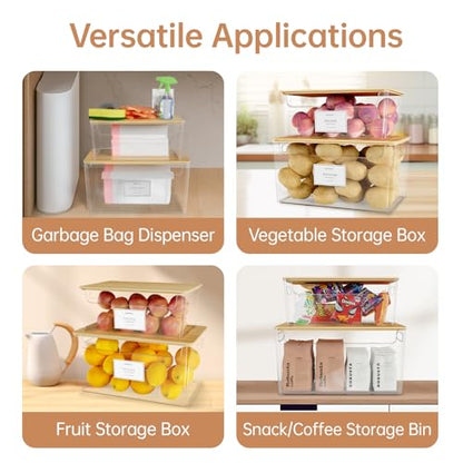 2 Pack Stackable Plastic Trash Bag Holder with Bamboo Lid Under Sink | Clear Container, Stackable Design,Side Handles, Safety Locks,Garbage Bag Roll Holder, Kitchen Cabinet, Laundry Organization