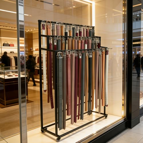 3-Tier Rolling Belt & Tie Storage Display Rack | 42 storage hooks, mobile wheeled design, black metal rack for belts ties bags retail shop display