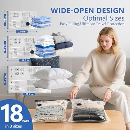 Travel Vacuum Bags for Clothing with Rechargeable Wireless Air Pump,18 Pack Compression Seal Packing Bags for Luggage Suitcase,Carry-on Size Space Saver Vacuum Storage Bags