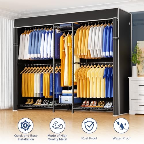 E12C Pro Heavy Duty Closet Organizer System，Freestanding Clothing Rack, Adjustable Garment Rack 71" W x 16" D x 76.5" H Holds 960 lbs, Black Rack with Black Dustproof Cover