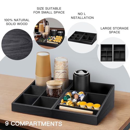MINCORD Coffee Station Organizer for Counter | Wood Coffee Condiment Service Tray with 9 Compartment | Two-in-One Coffee Bar Supplies Organizer for Home Office Breakroom