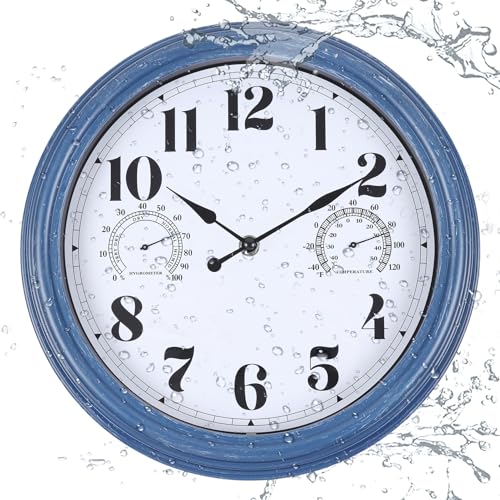12 inch Outdoor Clock Blue Waterproof Wall Clock with Temperature | Water Resistant Outdoor Clocks for Patio Garden
