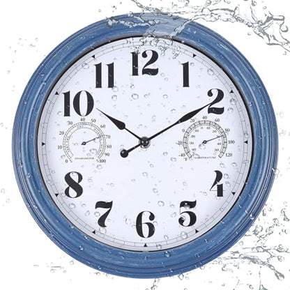12 inch Outdoor Clock Blue Waterproof Wall Clock with Temperature | Water Resistant Outdoor Clocks for Patio Garden