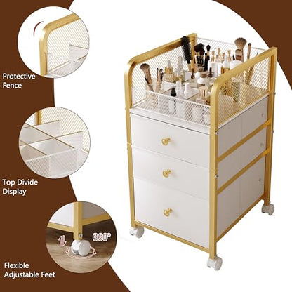 Rolling Makeup Organizer Cart with 3 Drawers Under Desk Storage | Vanity Cart Bathroom Storage Cart Cosmetic Vanity Display Cases Holder for Nail Polish Brush Hair Tool