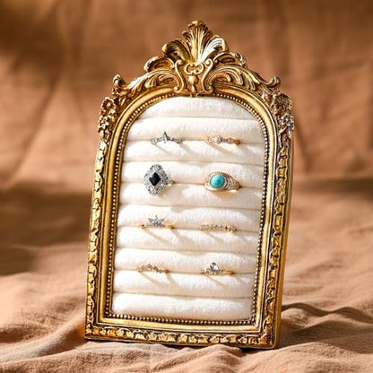 Liliaafar Vintage Ring Holder Arch Gold Ring Wedding Display Suede Jewelry Box Stand Frame Earring Tray Anniversary Engagement Baroque Organizer Photograph Prop for Women Birthday Christmas Gift