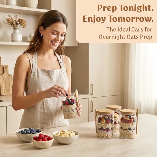 Overnight Oats Containers with Lids Bamboo incl. Spoons & Labels - 4x16oz | 4 Thick Glass Jars With Airtight Bamboo Lids, Matching Spoons and 24 Labels for Overnight Oats, Chia Pudding and Yogurt