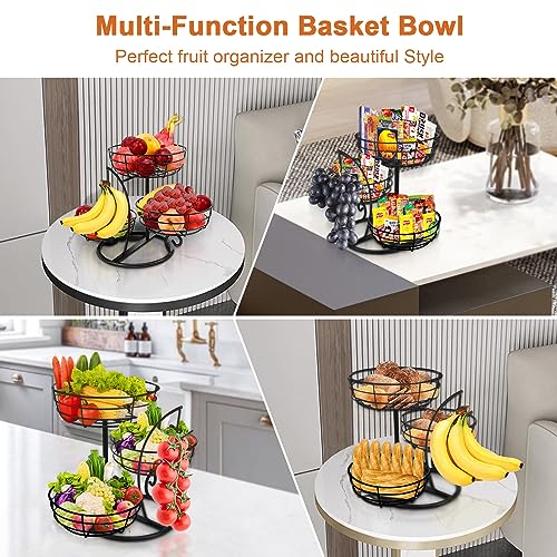 Fruit Basket Bowl with Banana Hanger, Fruit Vegetable Storage Basket with Banana Tree Holder for Kitchen Counter, Detachable Organizer for Bread Snack Produce (Black, 3-Tier Metal Base)