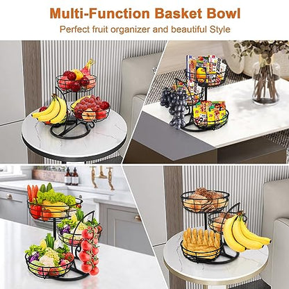 Fruit Basket Bowl with Banana Hanger, Fruit Vegetable Storage Basket with Banana Tree Holder for Kitchen Counter, Detachable Organizer for Bread Snack Produce (Black, 3-Tier Metal Base)