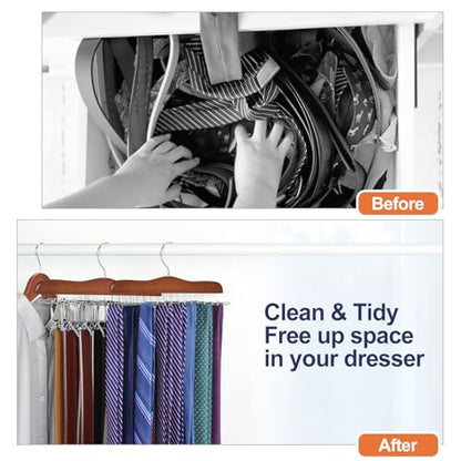 TOPIA HANGER Tie Rack Hanger for Closet 2 Packs, Wooden Tie Organizer for Men with 24 Folding Hooks, Space Saving Necktie Holder for Storage and Display Bra, Tank Top, Camisole (Walnut)-CT14WA-2