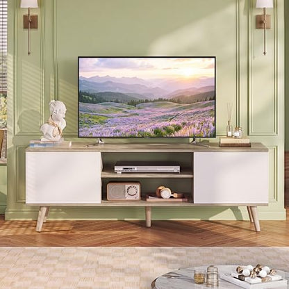 WLIVE Mid-Century Modern TV Stand for 55/60 Inch TV, Entertainment Center with Storage & Adjustable Shelves, Media Console with Soft-Close Cabinets for Living Room/Bedroom, Greige White