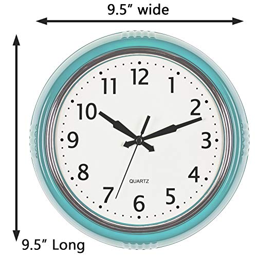 Bernhard Products Retro Wall Clock 9.5 Inch Blue Kitchen 50's Vintage Design Round Silent Non Ticking Battery Operated Quality Quartz Clock (Robin Egg Blue)