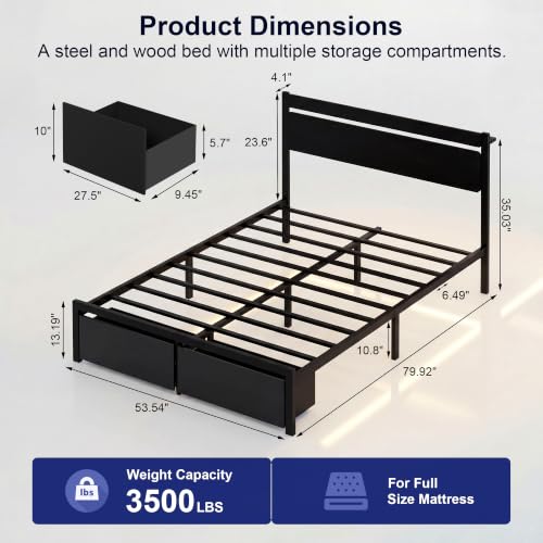 Full Bed Frame with Drawers, Platform Bed with LED Lights & Charging Station, Wood Headboard, Strong Metal Slats Support, No Box Spring Needed, Noise Free, Easy Assembly