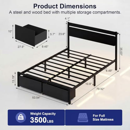 Full Bed Frame with Drawers, Platform Bed with LED Lights & Charging Station, Wood Headboard, Strong Metal Slats Support, No Box Spring Needed, Noise Free, Easy Assembly