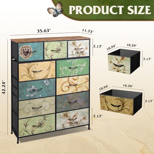 WLIVE Tall Dresser for Bedroom, 11 Drawer Chest of Drawers, Floral | 11 fabric storage drawers, Tall high-capacity design, Bedroom or dorm use, Sturdy steel frame, Smooth wood tabletop