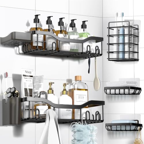 7-Pack Shower Caddy Adhesive,Stainless Steel Shower Organizer Shelf | Rustproof, with Soap Dish Toothbrush Holder, Large Capacity, No-Drill Rack Bathroom Storage Accessories, 24 Hooks, Home Decor