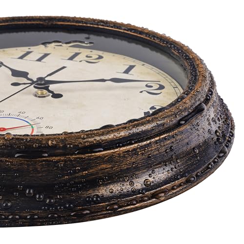 Outdoor Clocks Waterproof with Thermometer Vintage Wall Clock Decor for Bathroom Patio Pool Garden(12 Inch)