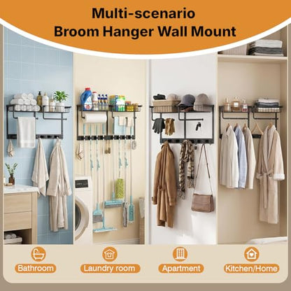 Broom Holder Wall Mount, Broom and Mop Organizer Wall Hanging with Paper Towel Holder & Removable Anti-fall Basket, Wall Mount Cleaning Supplies Organizer for Laundry Room, Apartment, Utility Room