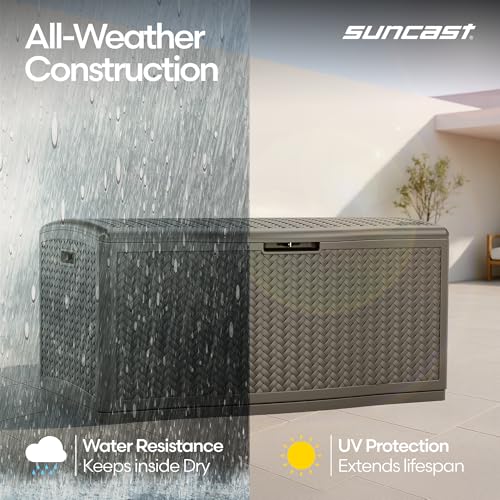 Suncast XL Deck Box, 124 Gal, Resin Wicker, Pad-Lockable Lid, Stoney Gray