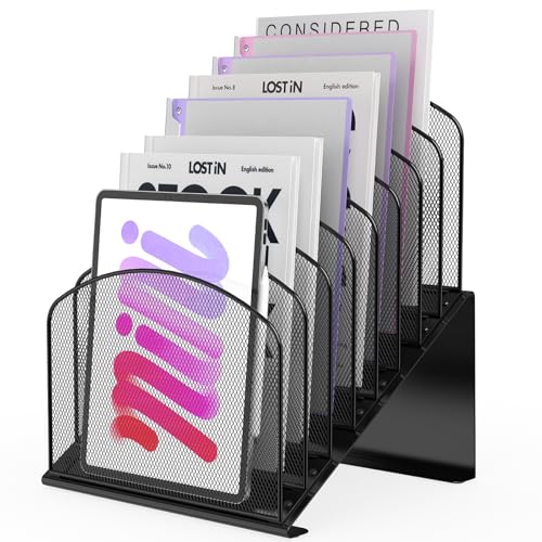 Sinboun Inclined Desk File Organizer Folder Holder with 8-Section, Black | 8-Section Vertical Compartment, Sturdy Metal Mesh, File Organizer for Home, School