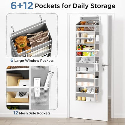 6 Tiers Over The Door Organizer, Behind The Door Storage Hanging Shelves | Heavy Duty Hanging Organizer Storage with Large Capacity Pockets for Closet Wall Bathroom Bedroom Nursery Pantry, 1 Grey