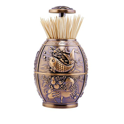 Push Style Retro Metal Automatic Toothpick Holder, House Warming Gifts, Retractable Toothpicks Case Can Box Organizer Storage Container, for Home Restaurant Café Club Bar Hotel ( Red Bronze )