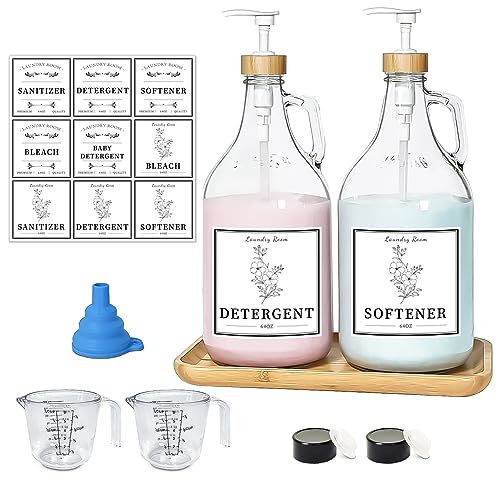 2 Pcs Glass Laundry Detergent Dispenser Bottle, Liquid Laundry Soap Dispenser for Laundry Room, 64oz Detergent Bleach Softener Dispenser for Farmhouse Decor, Includes Bamboo Pumps Tray Funnel Labels