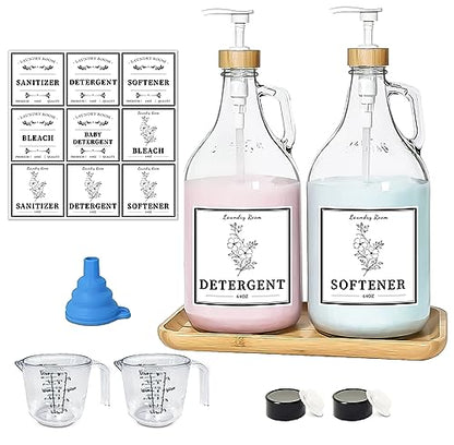 2 Pcs Glass Laundry Detergent Dispenser Bottle, Liquid Laundry Soap Dispenser for Laundry Room, 64oz Detergent Bleach Softener Dispenser for Farmhouse Decor, Includes Bamboo Pumps Tray Funnel Labels