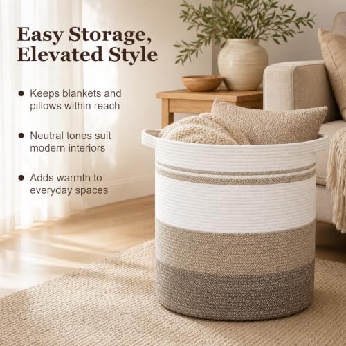 OIAHOMY 80L Laundry Baskets Hamper with Handles,Decorative Basket for Living room,Woven Storage Basket for Toys Bin,Pillows, Blankets,Clothes-20x18in-Gradient Yellow
