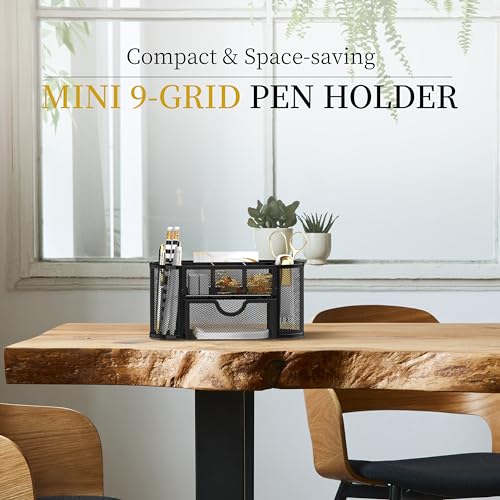 Mesh Desk Organizer with Drawer, 9-Compartment Pen Holder for Desk, Black | Pull-Out Drawer Stores Pens, Pencils, Clips, Notes, and Small Office or School Supplies in One Compact Desk Caddy