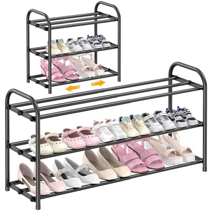 Hleelomi 3-Tier Metal Expandable Shoe Rack for Closet and Entryway Black | Adjustable Shoe Organizer for Closet,Living Room,Dorm,Garage,Fits Small Spaces, Apartments and Rentals