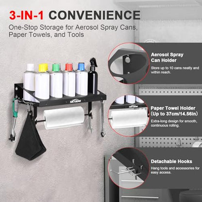 10 Aerosol Spray Can Holder with Paper Towel Holder & 4 Detachable Hooks, Space-Saving Tool Organizer Wall Mount for Garage, Workspace and Tool Room