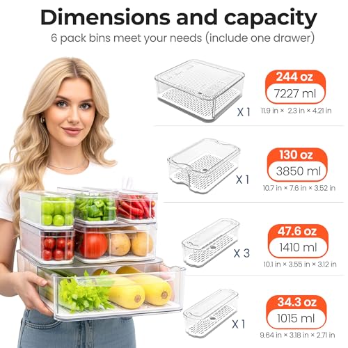 Clear Fridge Bins with Drain Trays - BPA-Free PET, Stackable(6 Pack)