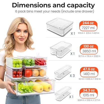 Clear Fridge Bins with Drain Trays - BPA-Free PET, Stackable(6 Pack)