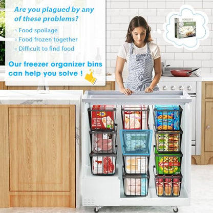 Freezer Organizer Bins, 4 Pack Stackable Chest Freezer Organizer for 5-7 Cu.FT Deep Freezer Sort Frozen Meats and Food, Freezer Storage Baskets with Handles Easy Reach from Bottom, Black