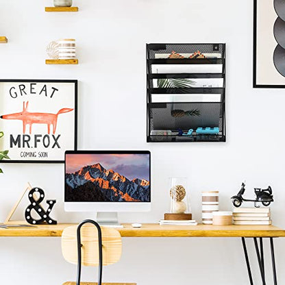 Desk File Organizer Mesh 6-Tier, Hanging Wall Mount Document Organization Stand, Desktop Vertical Mail Paper Folder Holder Rack with Bottom Tray for Office Home Cubicle Countertop, Black