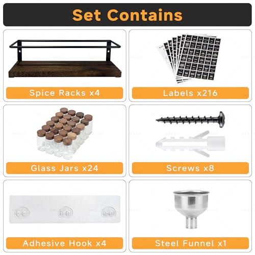 4-Tier Wall Mount Spice Rack Organizer with 24 Glass Jars, 216 Labels & Funnel - Screw/Adhesive Mount, Black Metal & Wood Spice Storage for Kitchen Pantry Cabinet, 11.6”L x 2.4”W x 3.2”H