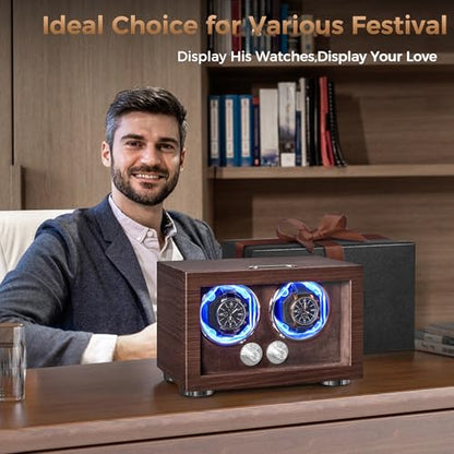 ANWBROAD Double Automatic Watch Winder, Watch Winder for Automatic Watches | 4 Modes, LED Light, Rotating Watch Box with Super Quiet Motor with Type-C Adapter, Dual Watch Winder Box (Brown), UJWW004M