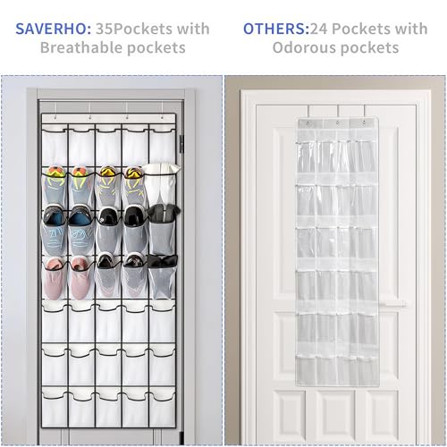 35 Pockets Over the Door Shoe Organizer, Hanging Shoe Organizer for Door with 35 Mesh Pockets Large Capacity Shoe Hanging Storage Bag with 4 Metal Hooks (White-1Pack)