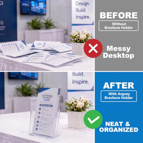 Argvey Acrylic Brochure Holder 4x9 Inch, Clear Pamphlet Holder Display Stand for Trifold 4 Inch Flyers, Booklets, Table Signs, Plastic Rack Card Holder for Office, Home, Store, 6 Pack