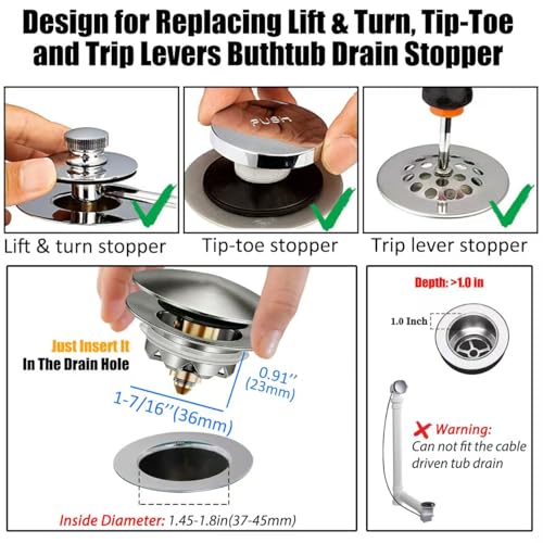 Anlige Bathtub Drain Stopper, Pop Up Tub Stopper and Cover, Bottom with Hair Catcher, Universal for 1.45 in to 1.8 in Drain, Replaces Old Drain Plug, Brushed Nickel