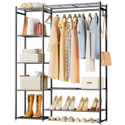 Closet Wardrobe, Closet Organizers and Storage System, Metal Clothes Rack | All in one, With 4 Tiers Shelves, Portable & Free Standing, for Hanging Clothes, for Cloakroom Bedroom