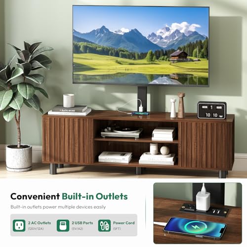 TV Stand with Mount for 65-75 Inch TV, Fluted Walnut Media Console | Modern entertainment center with power outlet, adjustable mount, textured fluted doors and spacious storage for living room