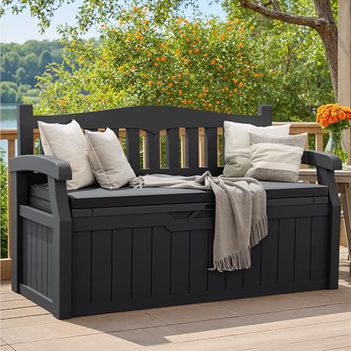 Greesum 80 Gallon Outdoor Storage Bench Deck Box,Black | with Cushion & Armrest, Lockable, Waterproof UV Resistant, Comfortable Seating for Patio, Pool, Garden