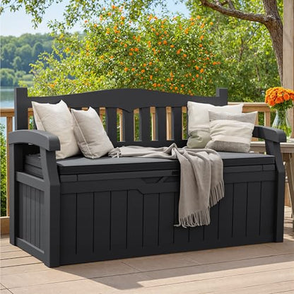 Greesum 80 Gallon Outdoor Storage Bench Deck Box,Black | with Cushion & Armrest, Lockable, Waterproof UV Resistant, Comfortable Seating for Patio, Pool, Garden