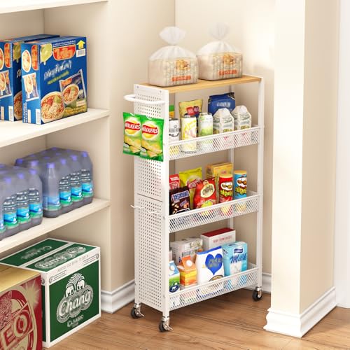 Utility Slim Storage Cart 4 Tier Rolling Laundry Room Organization Cart： | Wood Top Metal Narrow Laundry Room Shelves Cabinet Unit Laundry Organizer Trolley with Handle for Small space