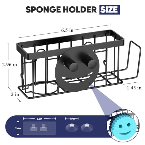 Sponge Holder for Kitchen Sink,Sink Caddy Smiley Face,4-in-1 Sponge Holder with Suction Cups & 1 PCS Adhesive Strips for Holding Soap,Brush,Scrubber,Sponge,Stopper-Black