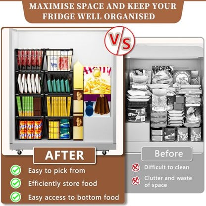 Enhanced Leak-Proof Bottom, Freezer Organizer Bins for 7 Cu.Ft,4 Pack | Stackable Chest Freezer Organizer Bins, Baskets with Handles, Leak-proof Wire Storage Container Baskets for Sort Frozen Meats