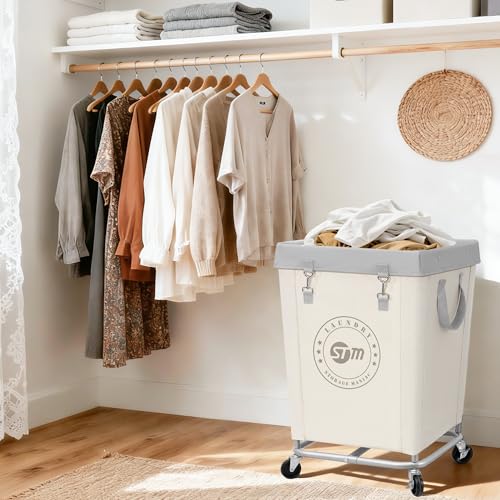 STORAGE MANIAC Commercial Laundry Hamper with Heavy Duty Steel Frame, 160 L Industrial Clothes Basket Cart with Wheels for Big Family, Home, Hotel, Laundry Room, 18''L x 18''W x 31''H, Medium Beige