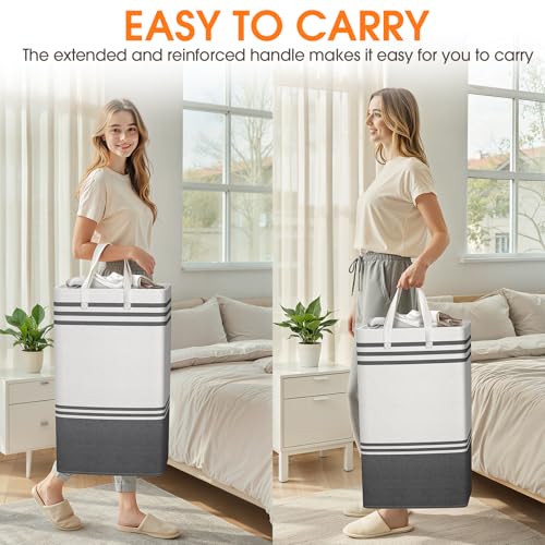 2 Pack Large Home Laundry Basket, Laundry Hamper, Freestanding Waterproof Dirty Clothes Bag, Tall Clothes Hamper - Extended & Reinforced Handles for College Dorm, Family (Light Grey/88L)