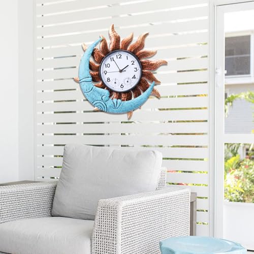 Outdoor Clock, Sun and Moon Clock for Patio Pool Garden Home Decor | Waterproof, Thermometer Combo, 14 Inch, Easy to Read